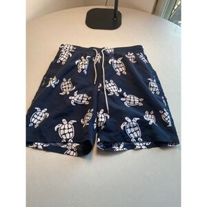 Navy Blue Sea Turtle Print Swim Trunks Mens Mesh Lined Board Shorts